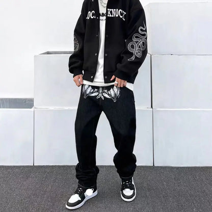 Y2K Korean Men Fashion Black Streetwear Casual Skull Straight