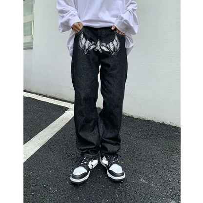 Y2K Korean Men Fashion Black Streetwear Casual Skull Straight