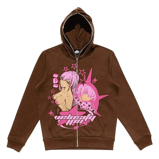 Zip-Up Hoodie featuring captivating Y2K anime graphics