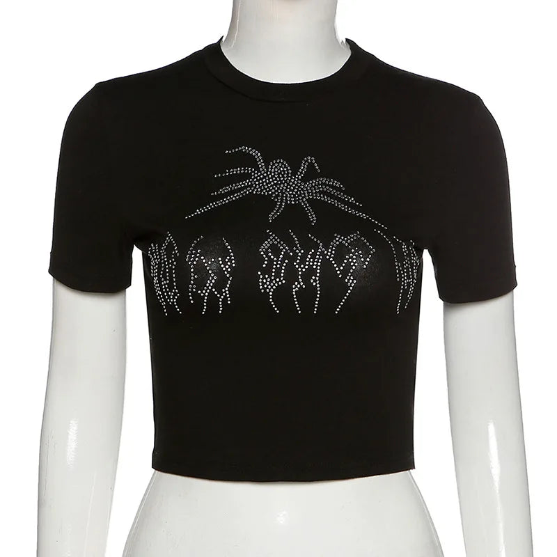 Spider Rhinestone Summer Crop Tops