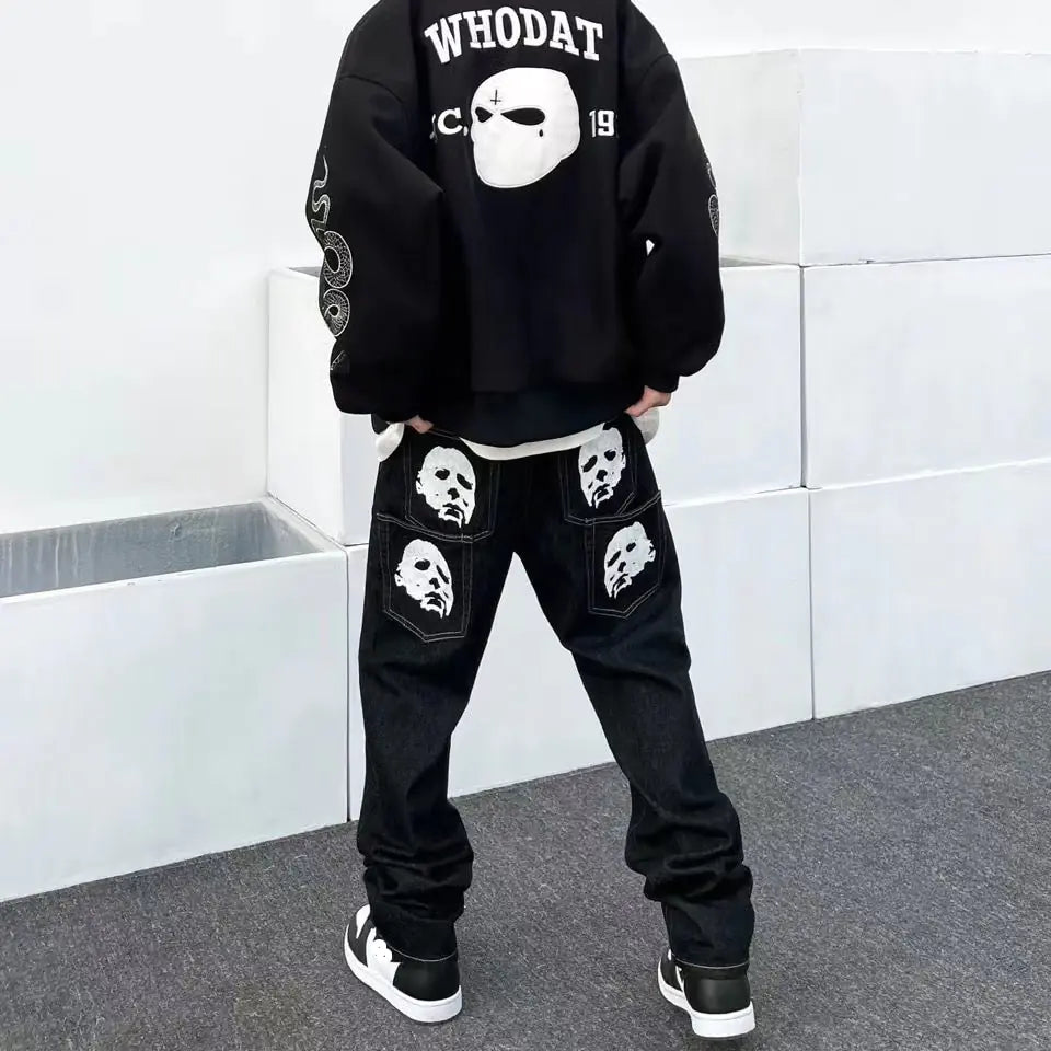 Y2K Korean Men Fashion Black Streetwear Casual Skull Straight