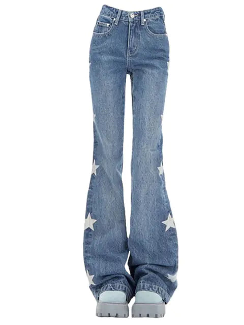 Y2K Vintage Korean Blue Streetwear Retro Star Aesthetic Straight Jeans