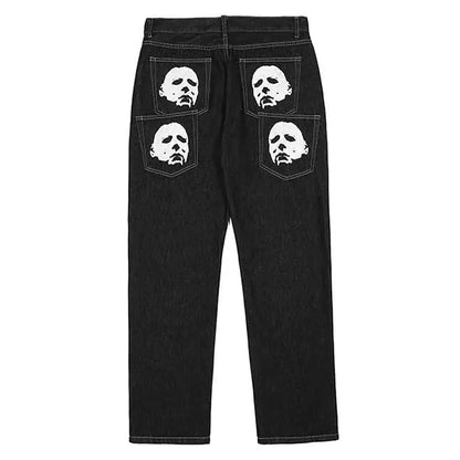 Y2K Korean Men Fashion Black Streetwear Casual Skull Straight